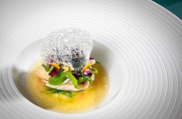 BRETTONISCHE MAKRELE  - BRETTONISCHE MAKRELE & GILLARDEAU AUSTER
Zitronenverbene, Frühlingslauch, Nori
Koch: Julian Stowasser
Restaurant: Restaurant Lakeside
