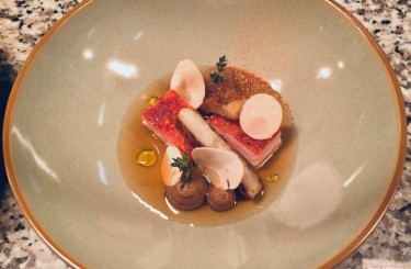 Schweinebauch - Schweinebauch/Thymian-Pilz-Dashi/Soja-Champignoncreme/Topinambur/Geröstetes Knoblauchöl