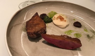 Pigeon - Pigeon grilled, green tea, cherries, Hot Hot Hot sesame-celery crème, seaweed-powder, and roasted wild rice