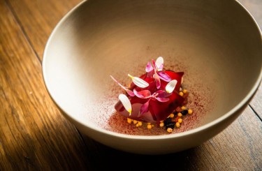 Marinated beef tartare - Marinated beef tartare with beetroot and cassis marinade,
duck liver ice cream, beetroot shiso jelly