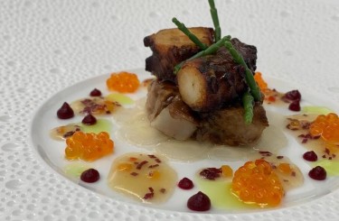 Pork Belly with Grilled Pulpo - Pork belly with grilled pulpo, char caviar and escabèche
Chef: Carine Patricio with the kind assistance of Thomas Schanz and Fritz Benson
Restaurant: Schanz, Piesport