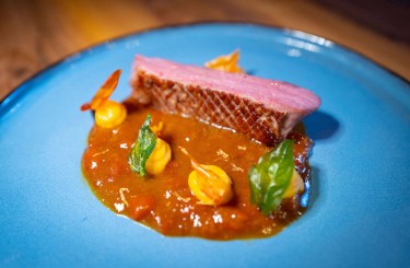 Grilled Barbarie Duck Breast - Grilled Barbarie duck breast, tomato jus, red Thai curry, sweet potato
Restaurants: OKRA IZAKAYA