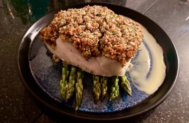 Baked Skri Fillet - Baked skri fillet with nut crust, pineapple butter sauce, green asparagus